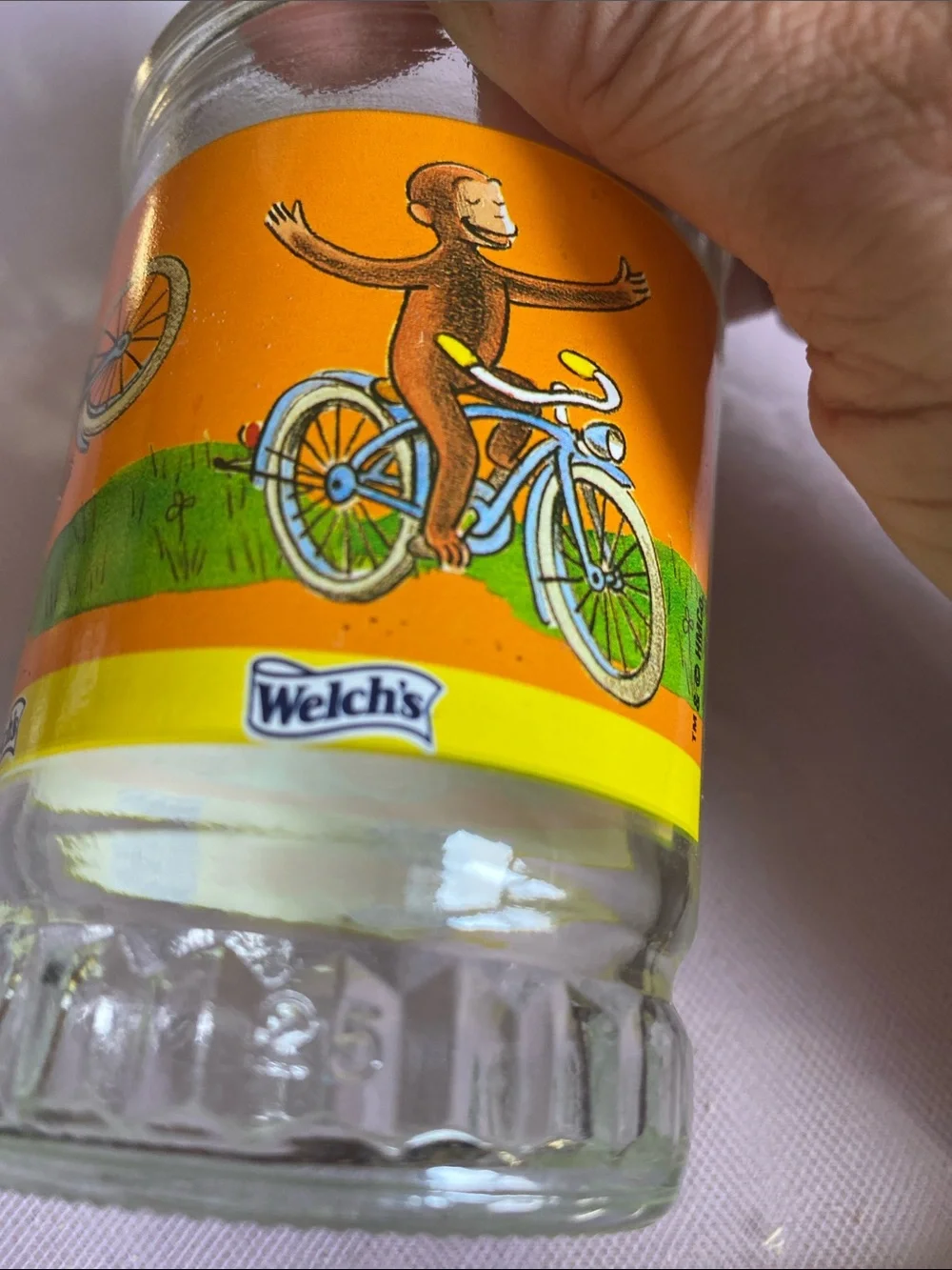Vintage Welch’s Curious George Glass jelly Jar/ juice glass with Orange Label